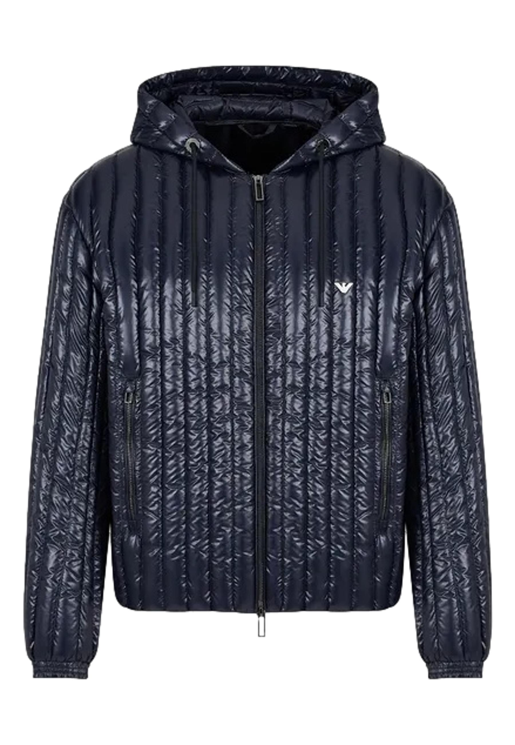 Down jacket with water repellent hood in vertical quilted nylon 