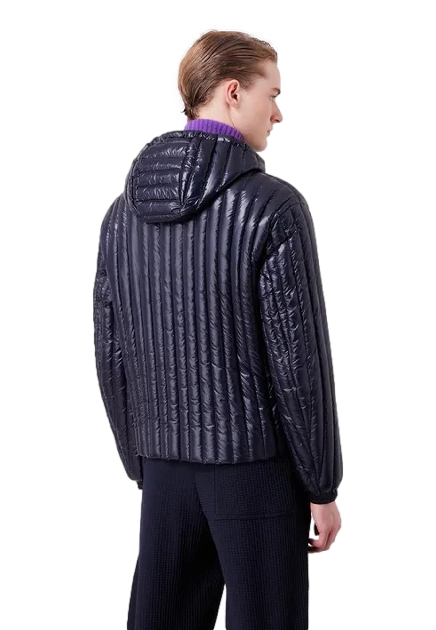 Down jacket with water repellent hood in vertical quilted nylon 