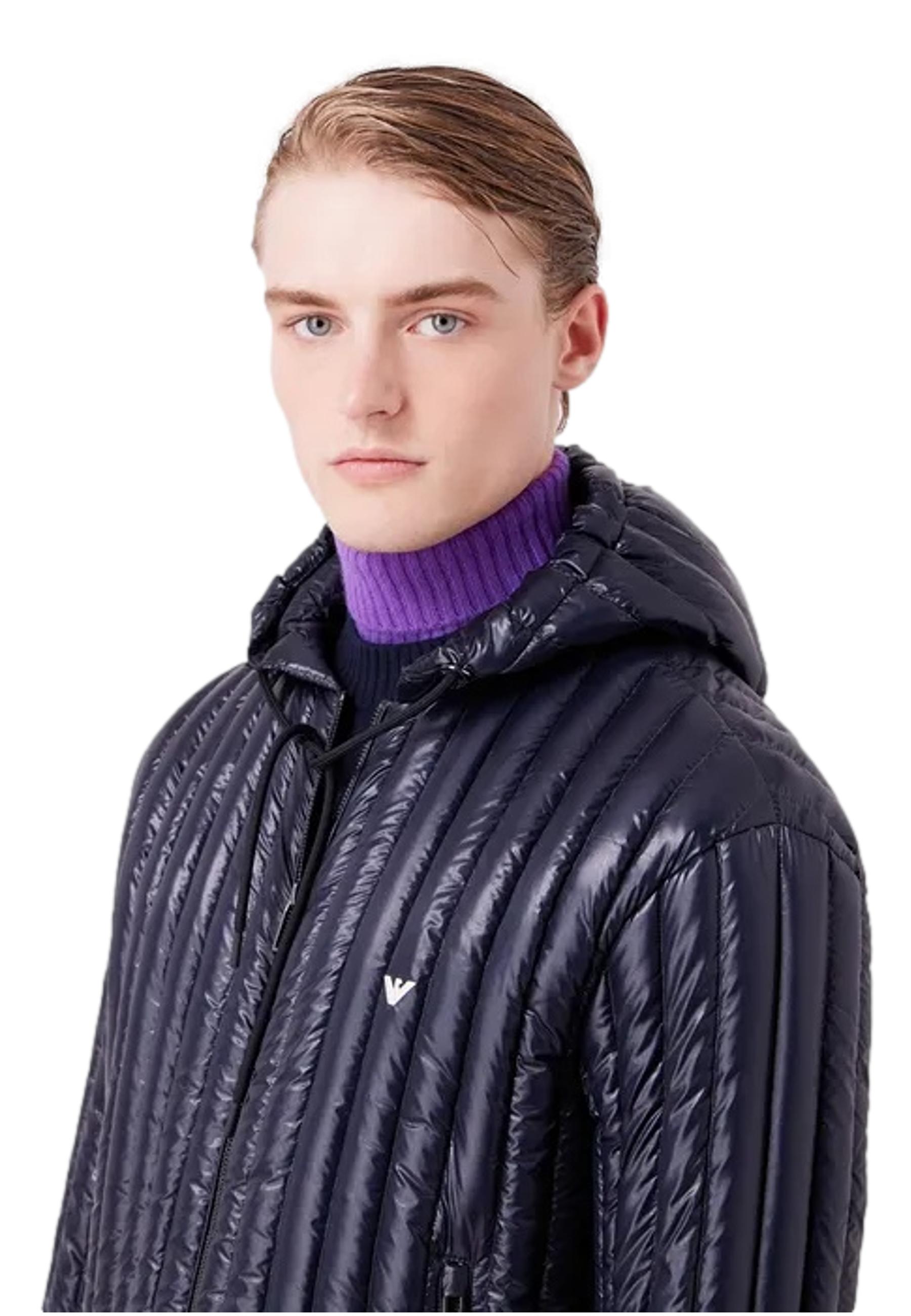 Down jacket with water repellent hood in vertical quilted nylon 
