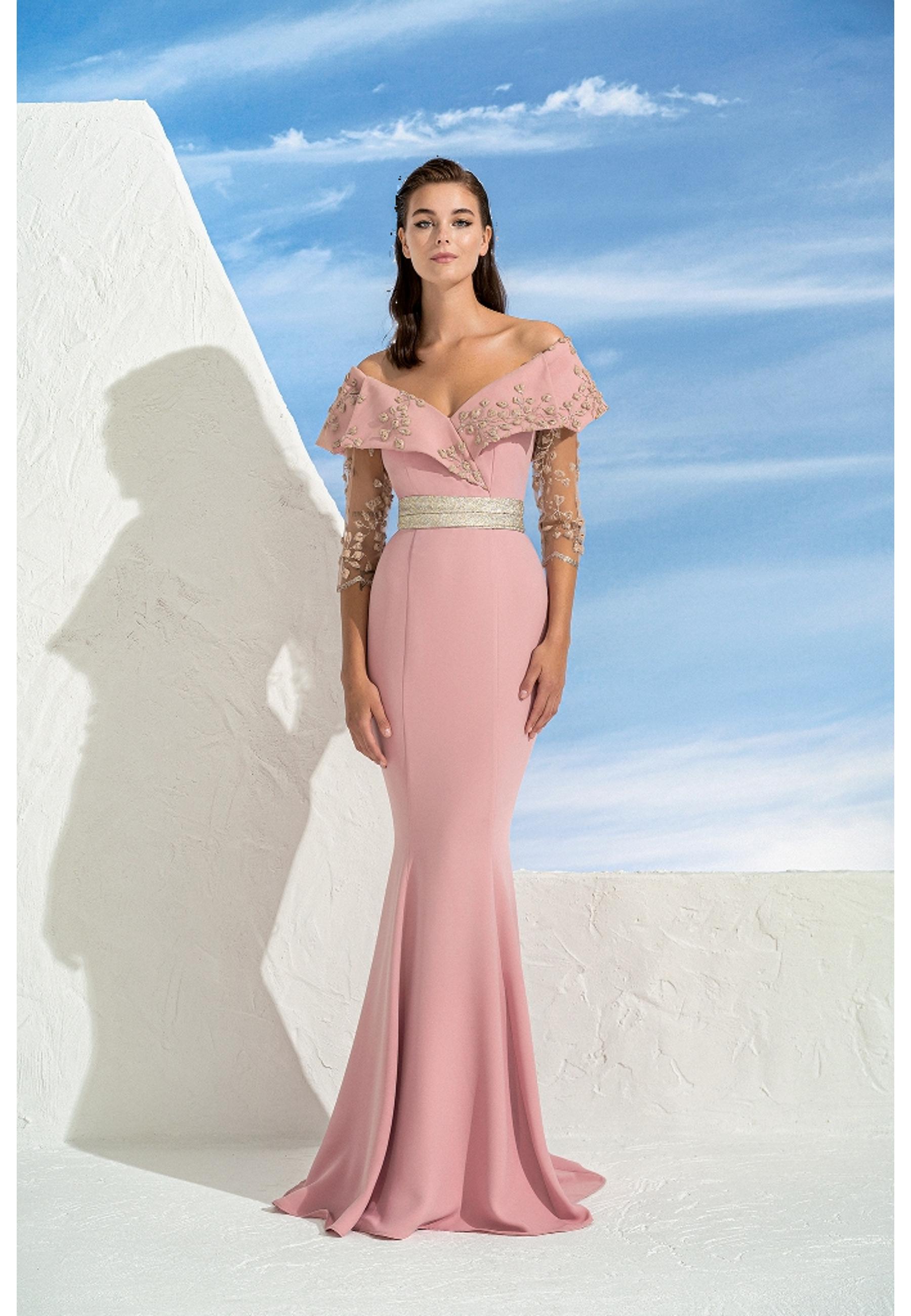 Long mermaid gown with bardot neckline and sleeves with workmanship -  MISCHALIS - Finizio Collezioni