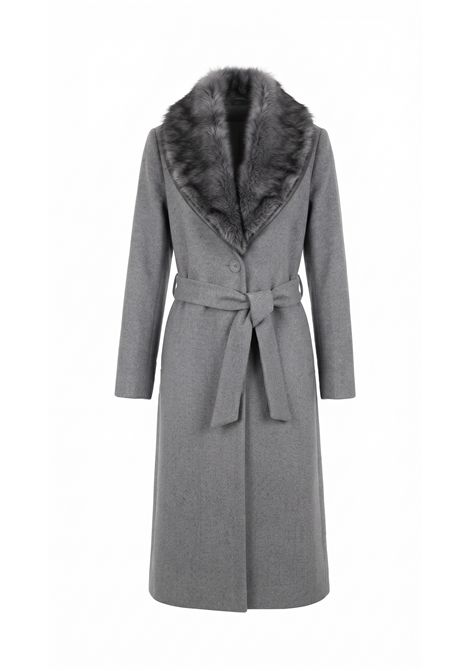 Cappotto lungo grigio in panno con ampio collo in ecopelliccia e cintura in vita OLTRETEMPO | OT81103/01005