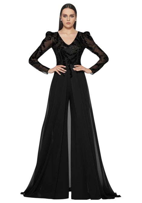 Impero jumpsuit with panel and bodice worked long sleeve IMPERO | dress | BL4655NERO