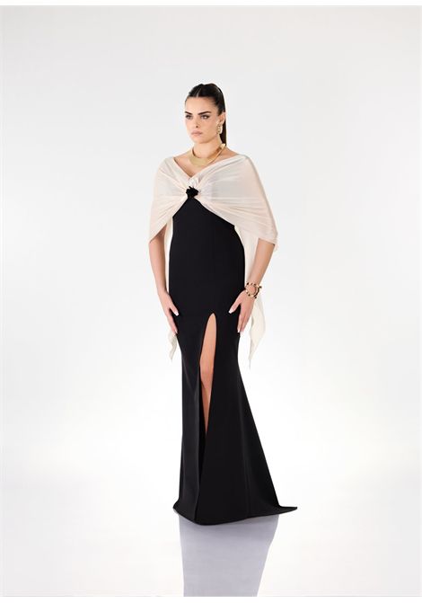 Abito a sirena con mantellina incorporata a contrasto IMPERO | Abiti | AH5023BEIGE/NERO