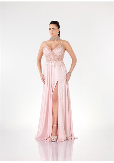 Long Blush Pink Dress with Embroidered Bodice and Slit IMPERO | dress | EP60675CAMP
